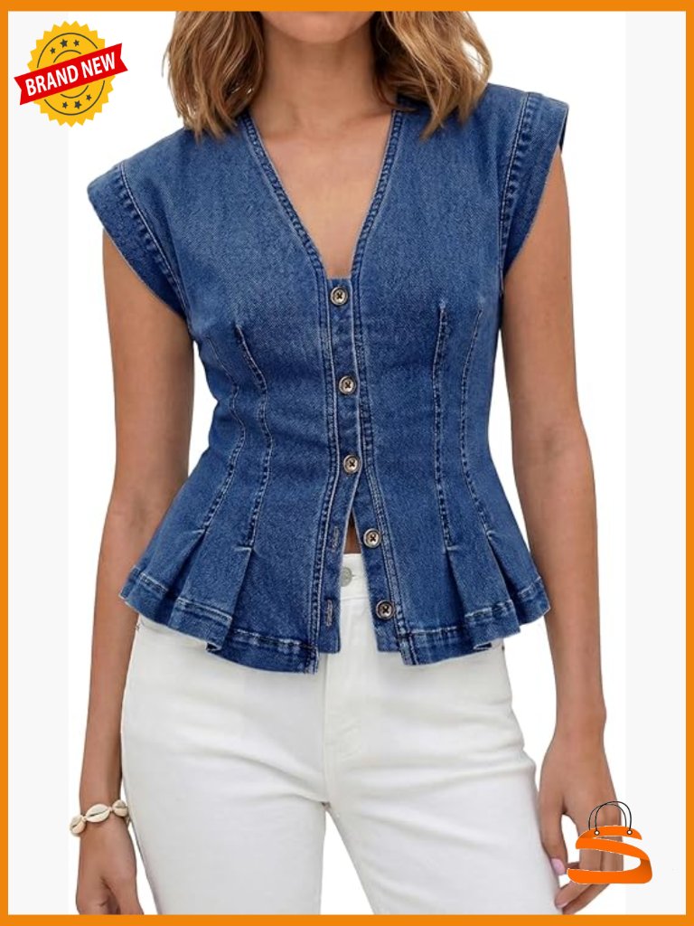 Womens Y2k V-Neck Denim Vest Sleeveless Button Down